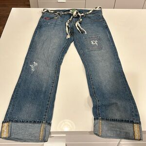 NEW Anthropologie ett twa girlfriend fit patchwork cuffed jeans with rope belt